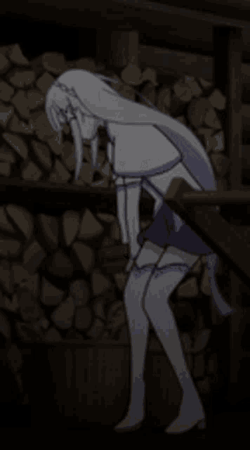a girl with white hair is standing next to a pile of logs