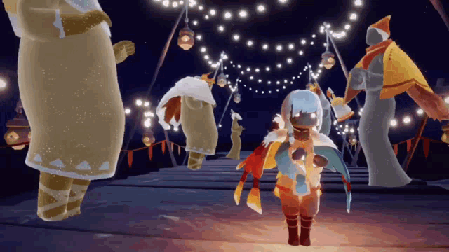 a group of people are dancing in a video game with lanterns hanging from the ceiling