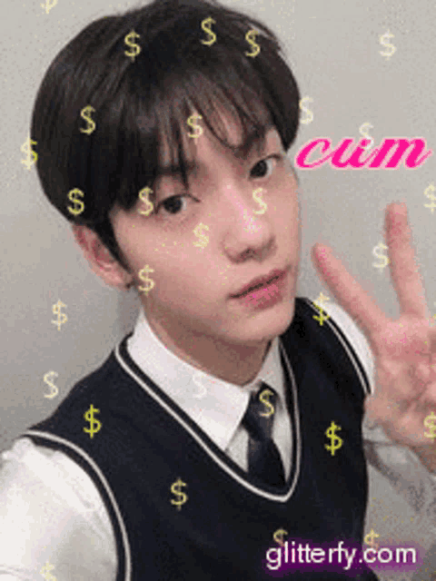 a young man in a vest and tie is surrounded by dollar signs
