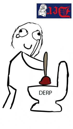a drawing of a person using a plunger on a toilet with derp written on it