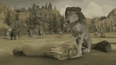 a cartoon dog is laying on top of a lion .