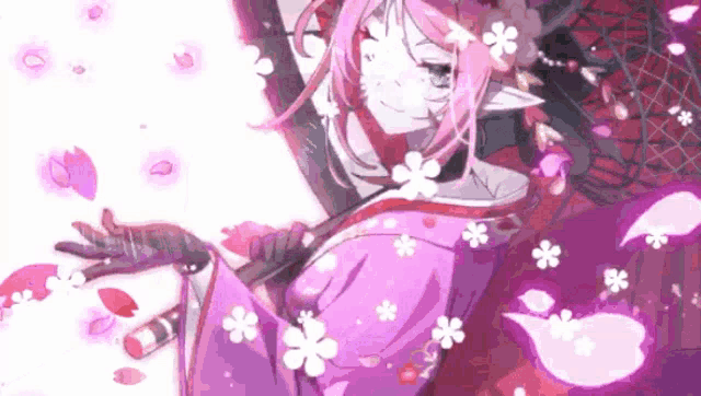 a girl with pink hair is wearing a kimono and surrounded by pink flowers .