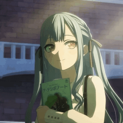 a girl with blue hair is holding a book with chinese writing