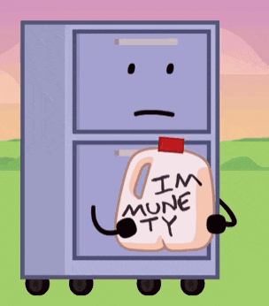 a cartoon character is holding a gallon of i 'm mune ty