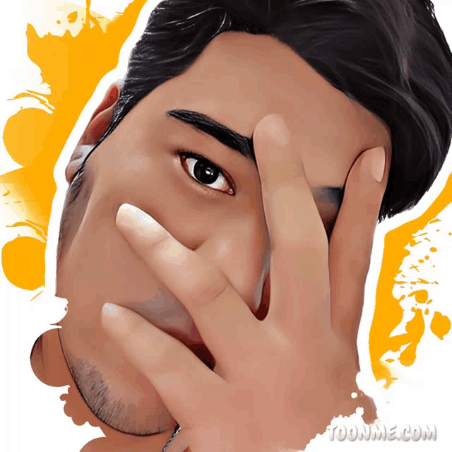 a cartoon drawing of a man covering his face with his hand with the website toonme.com below him