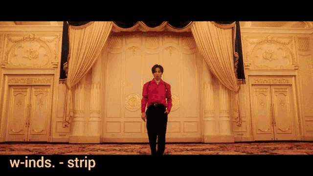 a man in a red shirt is standing in a large room with the words w-inds - strip written below him