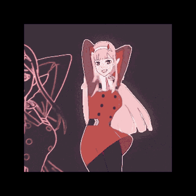 a drawing of a girl with long pink hair and a red dress