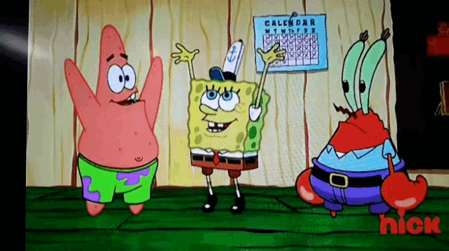 patrick star spongebob and mr krabs are dancing in front of a calendar