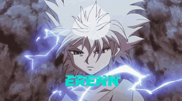 a picture of erenn from hunter x hunter with lightning behind him