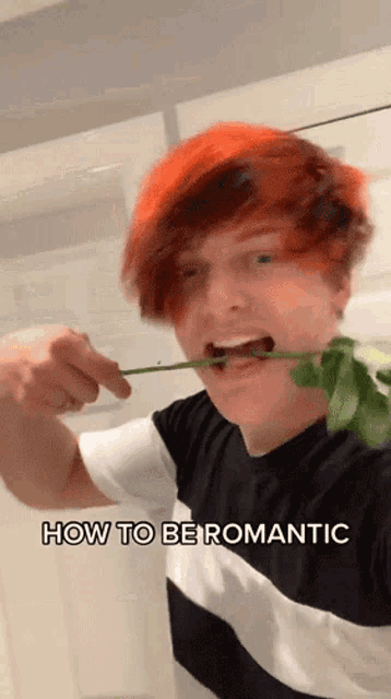 a young man with red hair is holding a rose in his mouth with the words how to be romantic above him