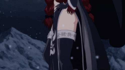 a woman with red hair is wearing a black dress and knee high socks