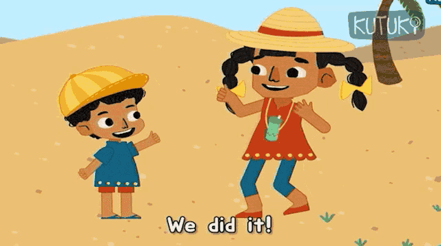 a boy and a girl are standing next to each other and the girl is wearing a straw hat