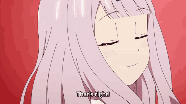 a girl with white hair and blue eyes is smiling and says that 's right