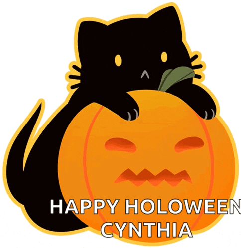 a black cat is sitting on top of a pumpkin with the words " happy holoween cynthia " below it