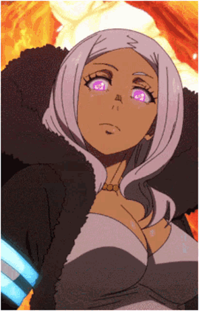 a girl with purple eyes and a black fur coat