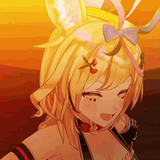 a close up of a anime girl with a bow in her hair