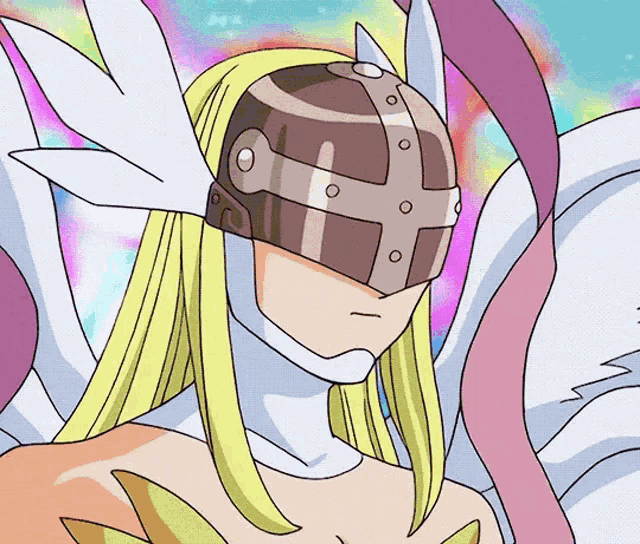 a cartoon character with long blonde hair and a helmet on her head