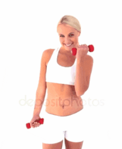 a woman is holding two red dumbbells in her hands and smiling