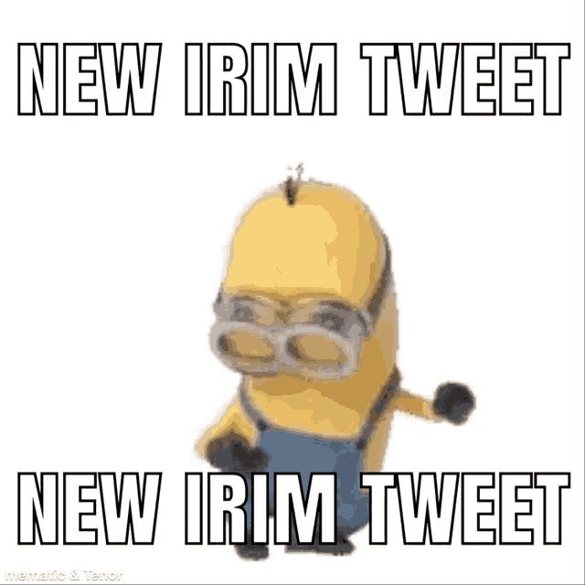 a picture of a minion with glasses and the words `` new irim tweet '' written on it .