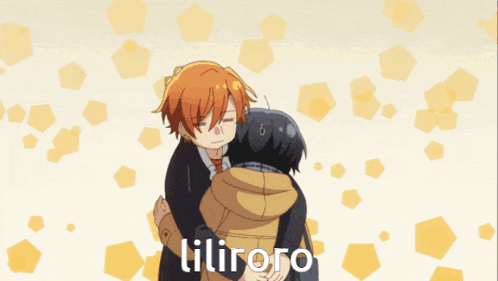 a cartoon of a girl hugging a boy with the words liliroro written on the bottom