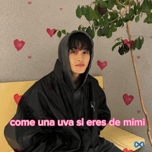 a man wearing a hooded jacket with come una uva si eres de mimi on the bottom