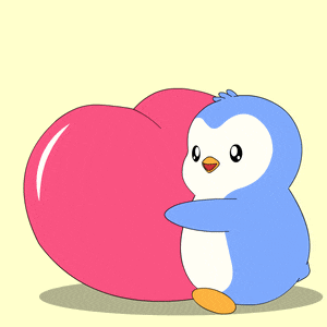 a blue penguin is hugging a pink heart on a yellow background