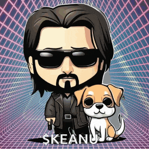 a cartoon of a man holding a gun and a dog with the name skeanuj on the bottom
