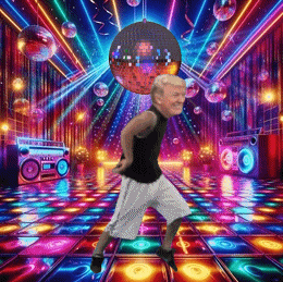 a man is dancing on a disco floor with a disco ball in the background