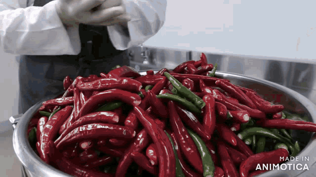 a bowl of red and green peppers with the words made in animatica on the bottom