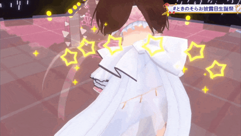 a girl in a white dress is surrounded by glowing stars