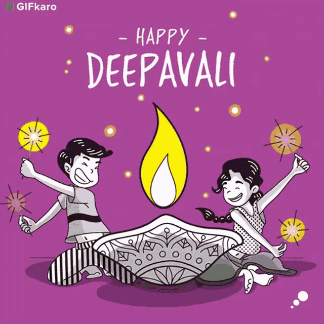 a happy deepavali greeting card with a boy and girl playing with sparklers