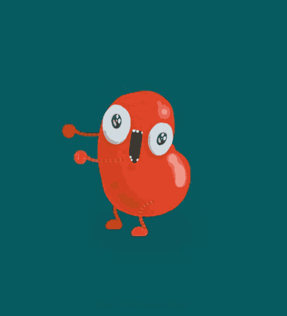 a cartoon drawing of a red blob with big eyes