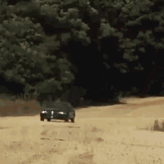 a car is driving down a dirt road in the middle of a field .