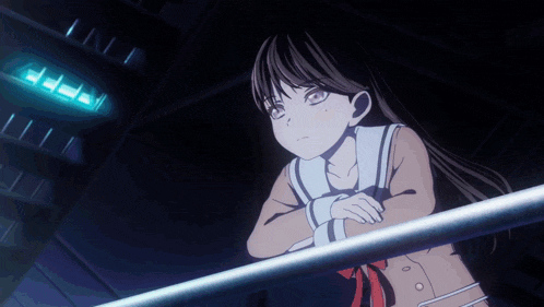 a girl in a school uniform is looking over a railing