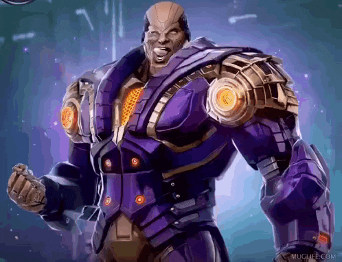 a man in a purple and gold suit is standing with his fist in the air ..