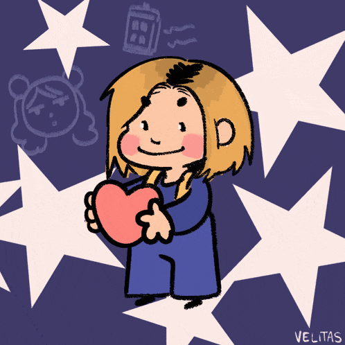 a drawing of a girl holding a heart with velitas written on the bottom right