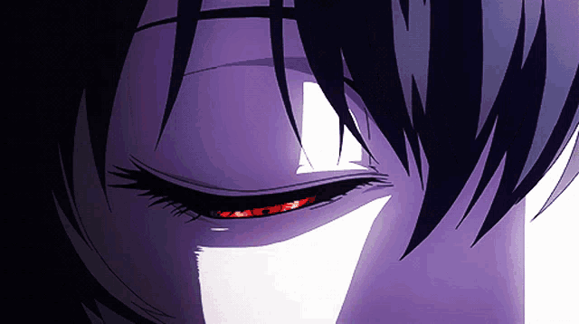 a close up of a person 's eye with purple hair and red eyes