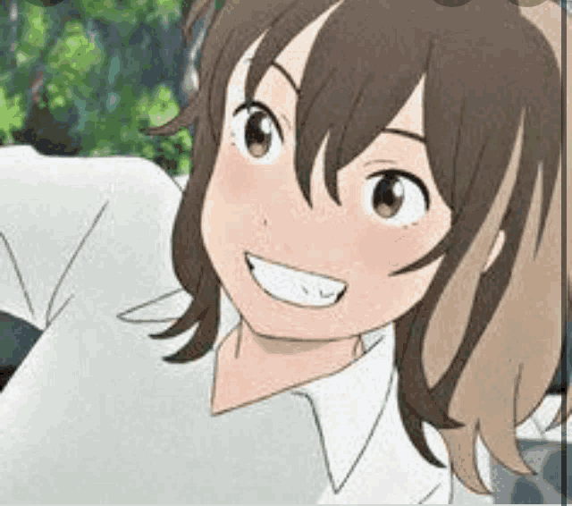 a close up of a cartoon character with brown hair and a white shirt smiling .