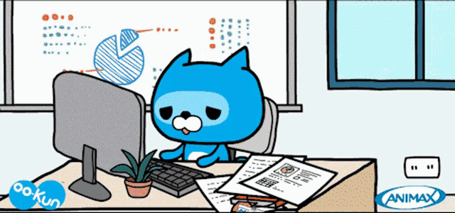 a cartoon of a cat sitting in front of a computer with a sticker that says animax