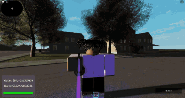 a person in a purple shirt is standing in front of a house and a tree