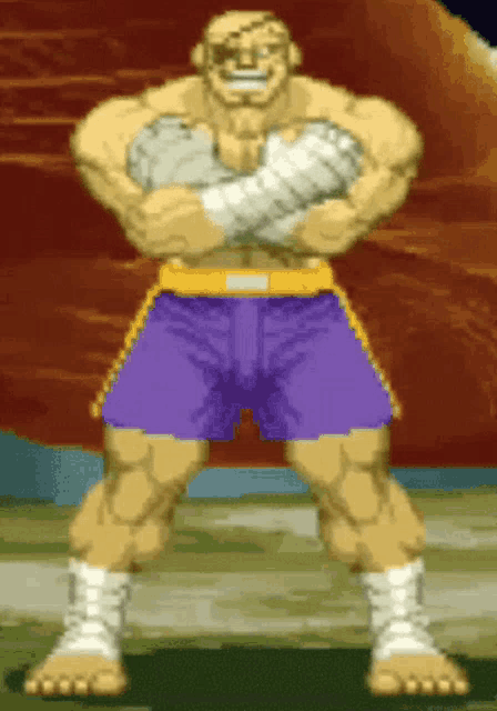 a pixel art of a man in purple shorts