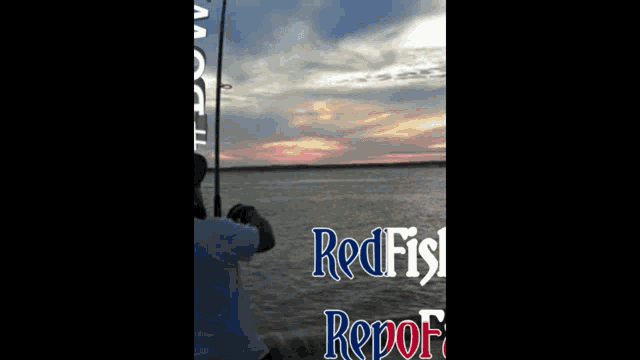 a man holding a fishing rod in front of a sign that says redfish