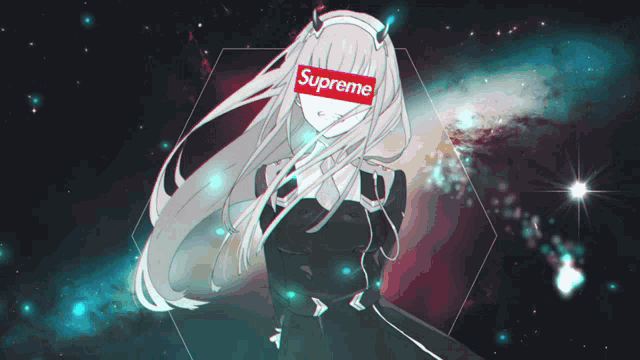 a picture of a girl with supreme on her face