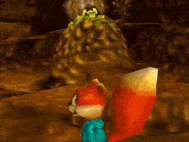 a cartoon squirrel in a blue shirt is standing in front of a rock .