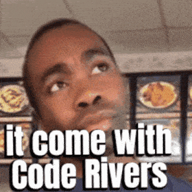 a man says it come with code rivers in front of a restaurant