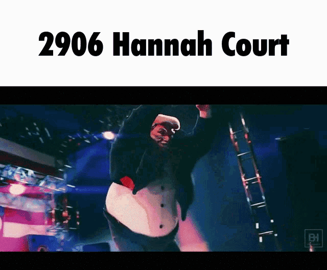 a man in a tuxedo is dancing with the words 2906 hannah court written above him