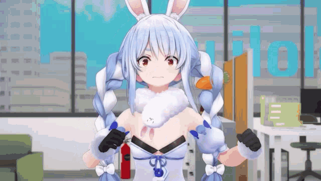 a girl with bunny ears is holding a fire extinguisher .