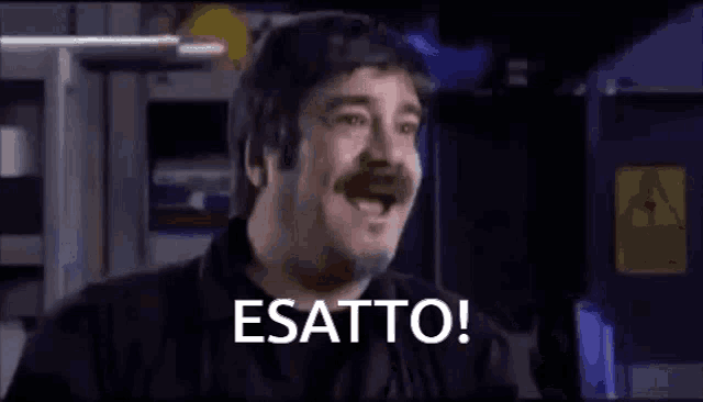 a man with a mustache is making a funny face with the words esatto written on his face .