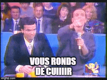 two men are sitting in front of a crowd with the caption vous ronds de cuiiir