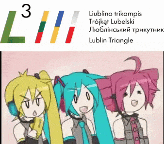 a cartoon of three girls standing next to each other with the number 3 in the background